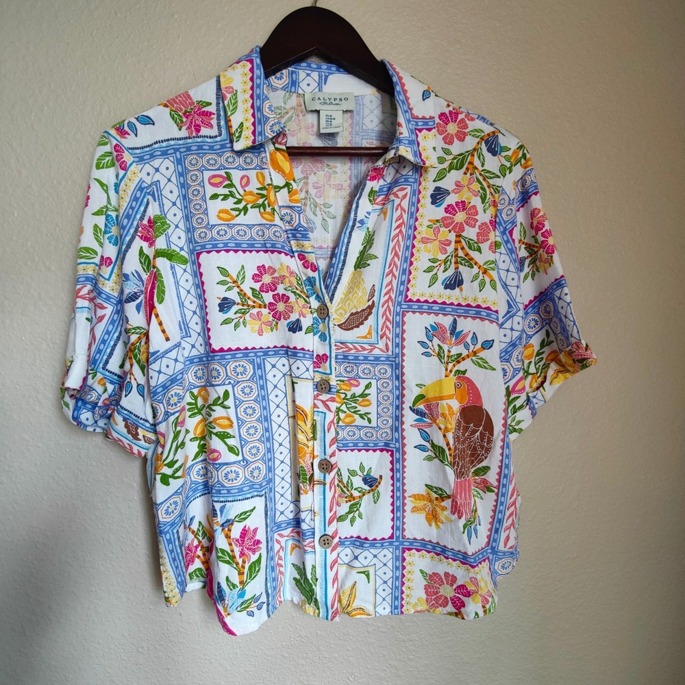 Calypso St Barth Tropical Stamp Print Linen Blend Cabana Shirt Resortwear Euro M